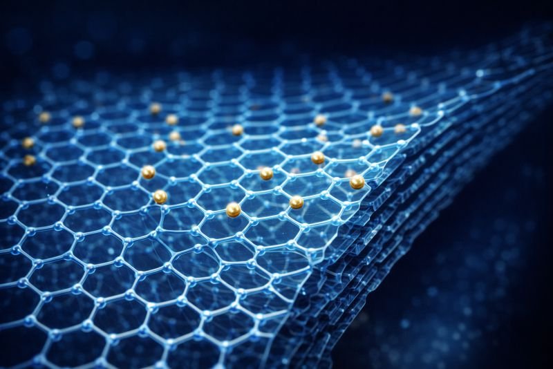 Graphene electrode sheet shown as a hexagonal carbon lattice with surface ion adsorption and partial layer stacking, illustrating a key research challenge in advanced supercapacitors