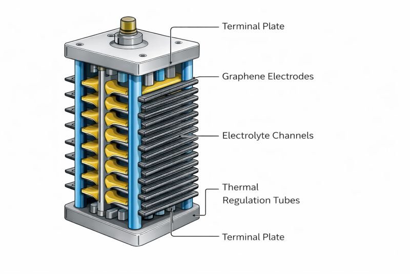 Technical cross-section of a graphene supercapacitor cell stack showing layered electrodes, electrolyte channels, and thermal regulation tubes
