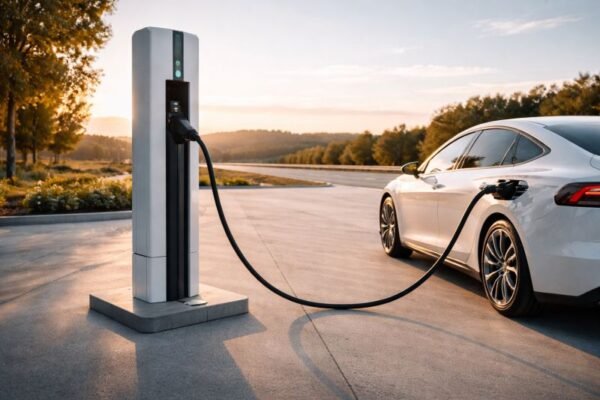 Minimalist highway charging column at a motorway rest stop with a single electric car connected by cable in late afternoon light