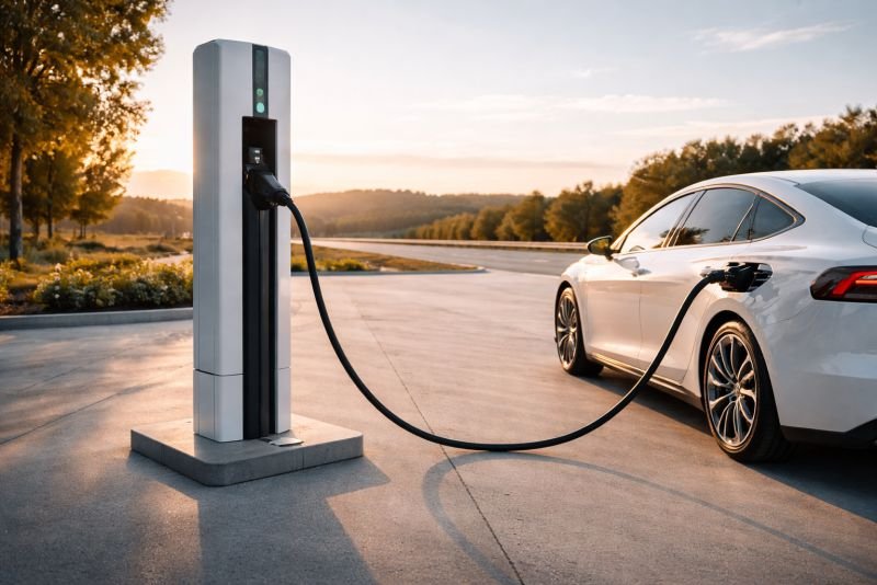 Minimalist highway charging column at a motorway rest stop with a single electric car connected by cable in late afternoon light