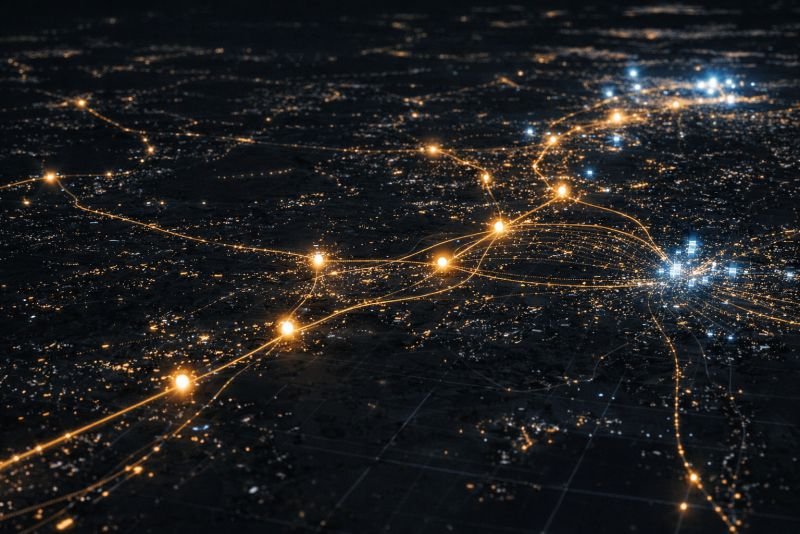 Nighttime highway network visualization with illuminated rest stop nodes and energy flow lines linking transport corridors to urban centers