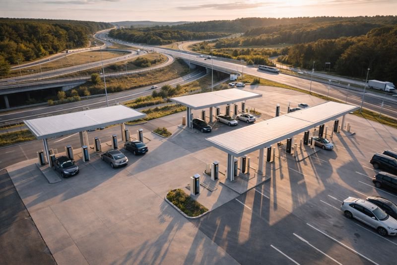 Aerial view of a highway interchange rest stop with multiple charging columns under canopy structures and several electric cars connected in late afternoon light