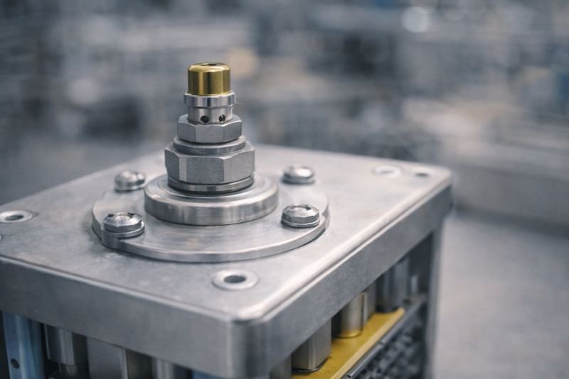Close-up of an industrial pressure relief valve mounted on a sealed graphene supercapacitor housing in a workshop setting
