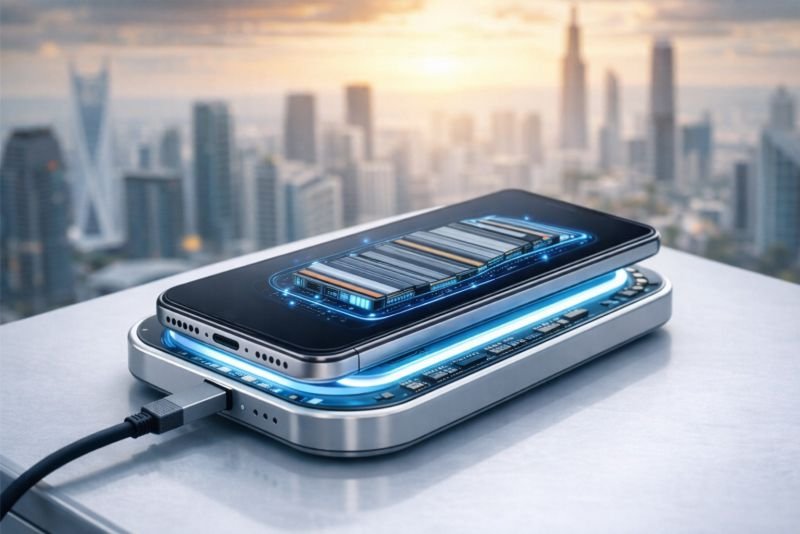 Ultra-thin smartphone lying face up on a compact high-speed charging pad with a futuristic charging interface shown on the display