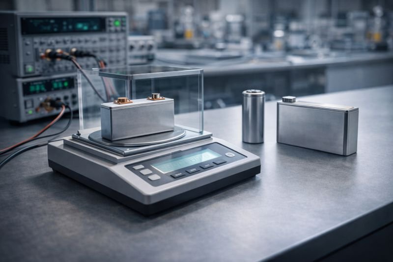 Battery cells on a precision laboratory balance beside electrical test equipment, illustrating gravimetric energy density as stored energy relative to mass.