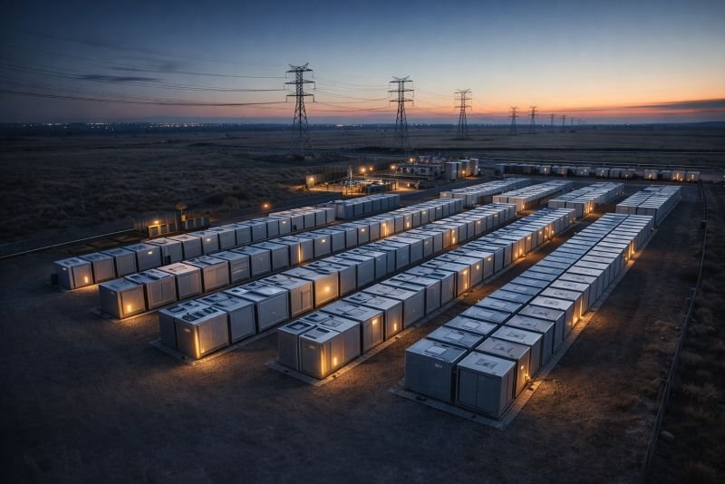 Aerial view of a large grid-scale battery energy storage facility at dusk, with rows of containerized battery units and transmission towers in the background.