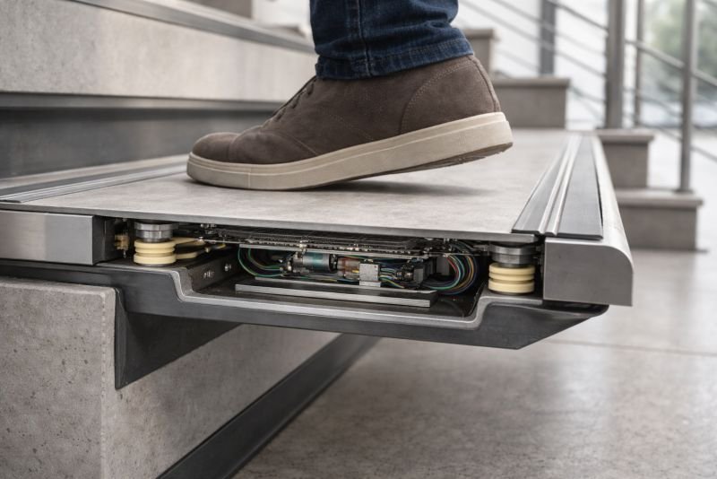 Photorealistic close view of a person stepping onto a futuristic stair tread with integrated sensing hardware and a visible engineered support structure, showing how load transfers through the foot into the step in a modern architectural setting.