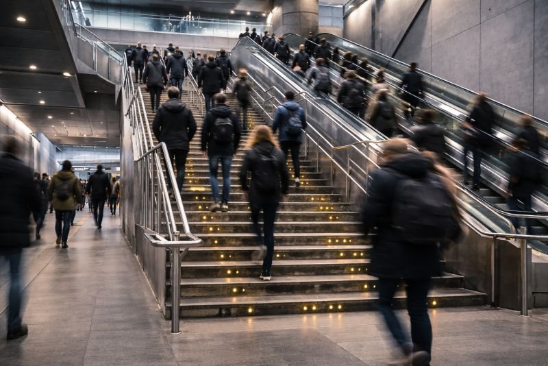 Crowded metro station staircase with heavy pedestrian traffic moving both up and down, illustrating high footfall density in urban transit infrastructure.