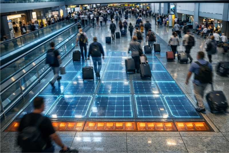 Airport terminal walkway with advanced energy-harvesting floor tiles designed to capture foot pressure and thermal gradients.