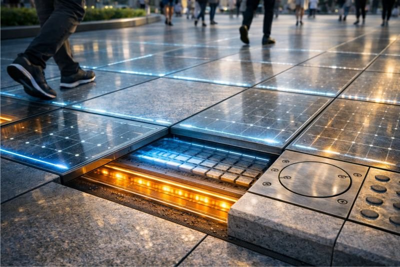 Installed hybrid energy-harvesting footpath with modular surface tiles designed to capture foot pressure and thermal gradients.
