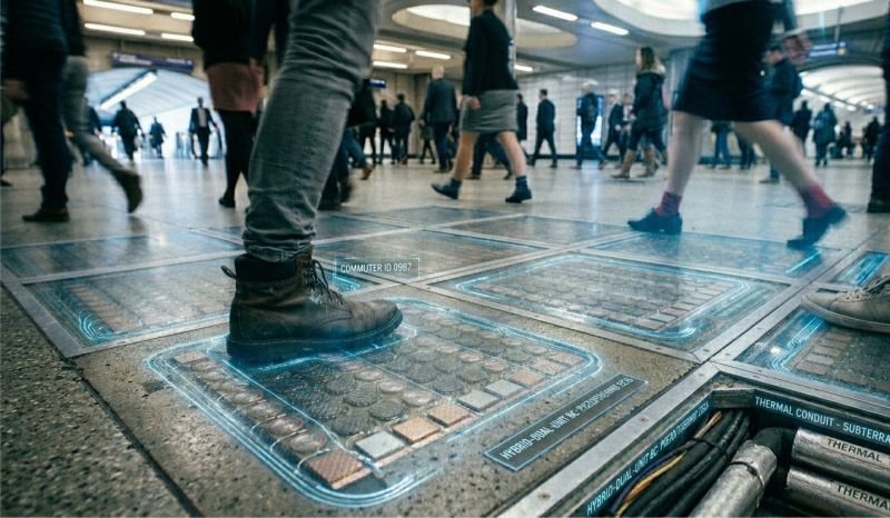 A low-angle documentary photograph of a high-tech pedestrian walkway in a futuristic transit hub, featuring translucent floor panels with integrated blue-glowing piezoelectric and thermoelectric energy harvesting modules under a crowd of walking commuters.