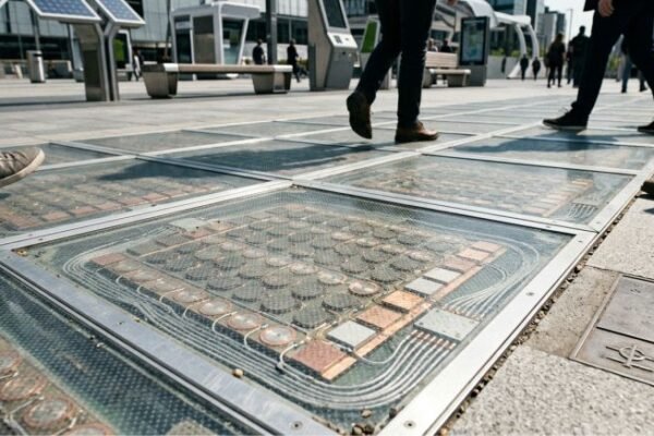 A close-up photograph of a futuristic pavement panel embedded in a city sidewalk, displaying a grid of nested circular piezoelectric and square thermoelectric modules designed to harvest energy from pedestrian movement and temperature differences.