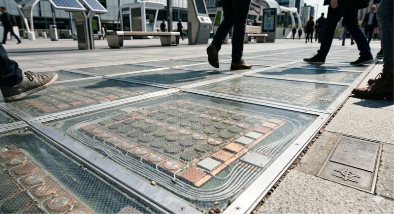 A close-up photograph of a futuristic pavement panel embedded in a city sidewalk, displaying a grid of nested circular piezoelectric and square thermoelectric modules designed to harvest energy from pedestrian movement and temperature differences.