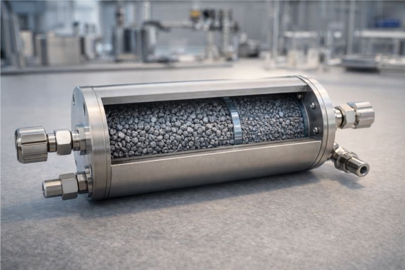 Cutaway metal hydride hydrogen storage cartridge showing granular hydride alloy material inside a compact engineered housing in a laboratory setting.