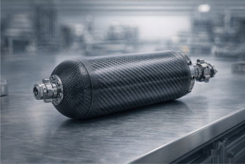 Compact carbon-fiber hydrogen pressure vessel for a fuel cell drone resting on a metal laboratory workbench.