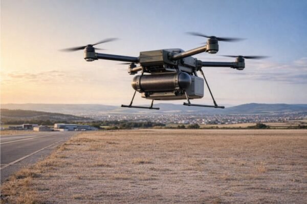 Hydrogen fuel cell cargo drone hovering above a rural airstrip with a visible composite fuel tank beneath the airframe.