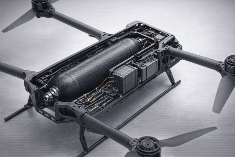 Open drone chassis showing an integrated hydrogen powerplant with a central composite tank, compact fuel cell stack, and supporting hardware.