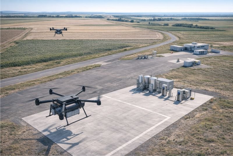 Aerial view of a rural hydrogen drone logistics hub with a landing pad, refueling station, and multiple drones in operation.