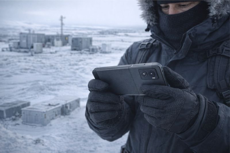 Field researcher in heavy cold-weather gear checking a hydrogen fuel cell smartphone at an arctic station.