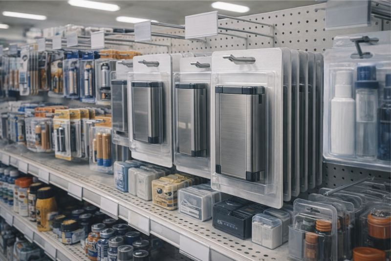 Convenience store shelf stocked with uniform hydrogen cartridge packs beside ordinary consumer products.