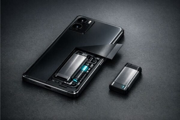 Slim hydrogen fuel cell smartphone with an exposed cartridge bay and removable fuel module on a dark matte surface.
