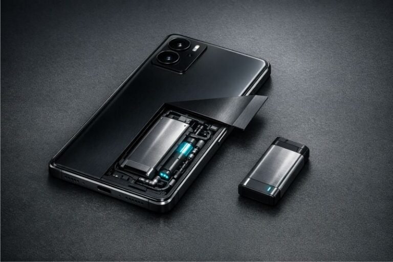 Slim hydrogen fuel cell smartphone with an exposed cartridge bay and removable fuel module on a dark matte surface.