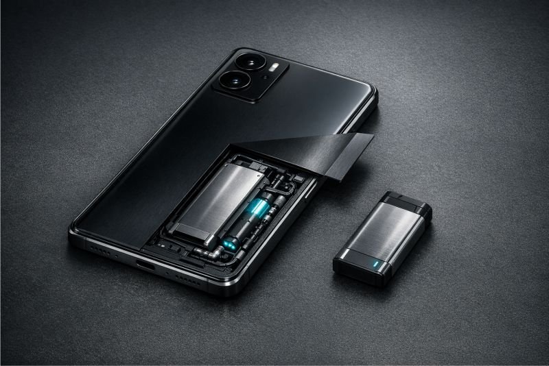 Slim hydrogen fuel cell smartphone with an exposed cartridge bay and removable fuel module on a dark matte surface.