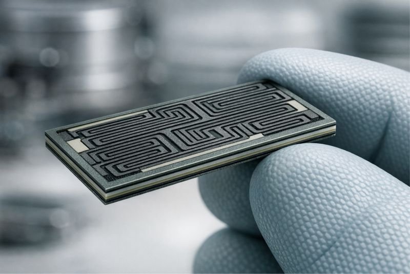 Thin phone-scale hydrogen fuel cell stack laminate with etched microchannels held between gloved fingertips in a laboratory.