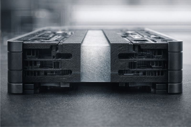 Macro view of a proton exchange membrane fuel cell cross-section with a thin polymer layer between dark carbon plates.