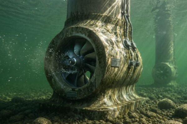 Underwater view of a hydrokinetic turbine mounted inside a reinforced concrete sleeve around a bridge pier.