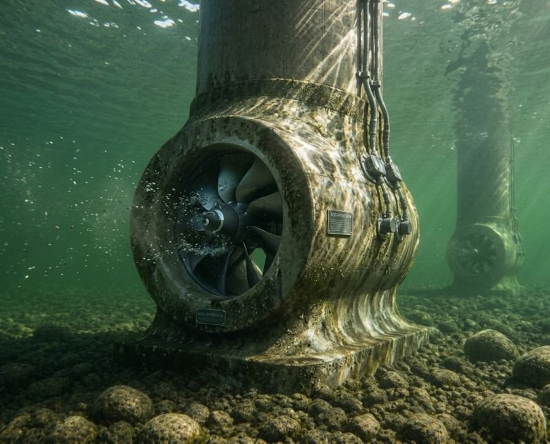 Underwater view of a hydrokinetic turbine mounted inside a reinforced concrete sleeve around a bridge pier.