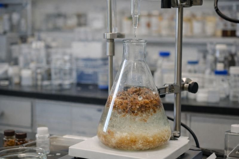 Laboratory setup illustrating hydrolysis in chemistry and biology, where water helps break complex organic material into smaller components