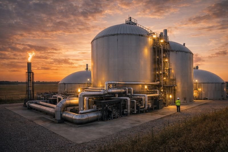 Large industrial anaerobic digestion facility at dusk with steel tanks, exposed pipework, and a maintenance worker standing near the base for scale