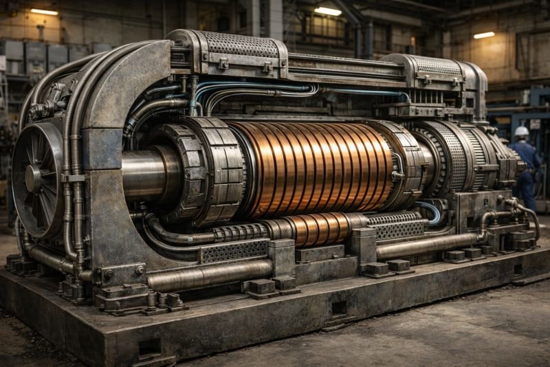 Documentary-style photograph of a large industrial generator opened during maintenance, showing exposed copper rotor windings inside a power plant workshop.