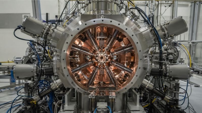 Inertial confinement fusion chamber with multiple laser beamlines aimed toward a central target assembly, surrounded by vacuum hardware and diagnostic equipment.