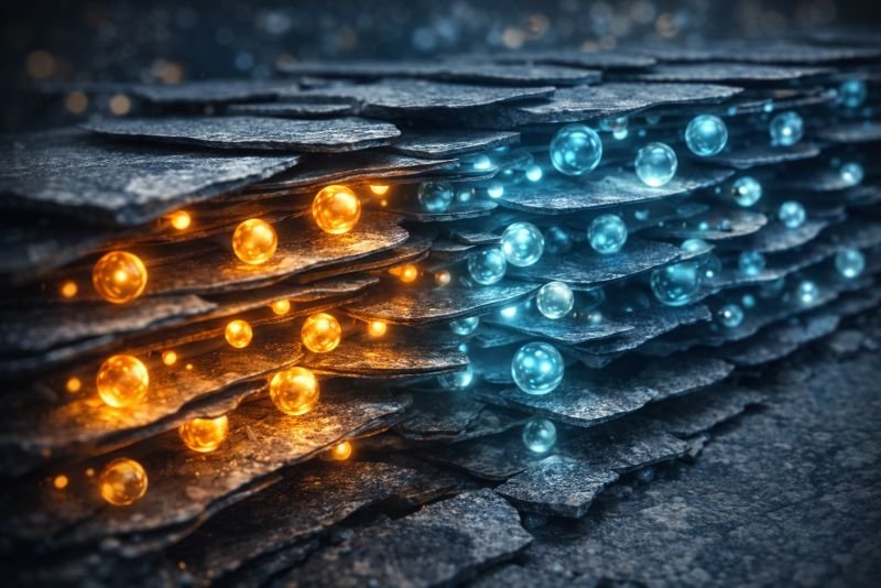 Microscopic-style view of layered lithium-ion battery material showing ions entering between stacked structural layers during intercalation.