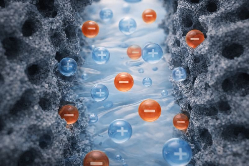 Close-up view of ions moving through a porous electrochemical interface and electrolyte channel inside an electrochemical device