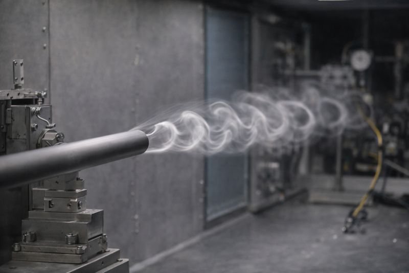 Wind tunnel laboratory scene showing airflow moving past a slender cylindrical test body with an alternating wake pattern, illustrating a Karman vortex street in fluid dynamics.