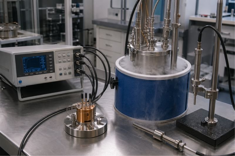 Laboratory temperature calibration setup with precision thermometry equipment, a cryogenic vessel, and metallic measurement hardware used to illustrate the Kelvin scale in thermodynamics.