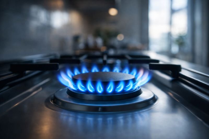 Blue gas flame on a kitchen stove burner shown close up at counter level in a domestic kitchen setting