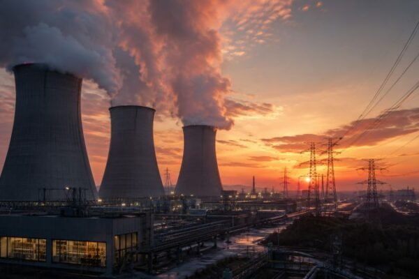 Cooling towers, steam plumes, transmission lines, and a lit control room in a large thermal power plant at dusk.