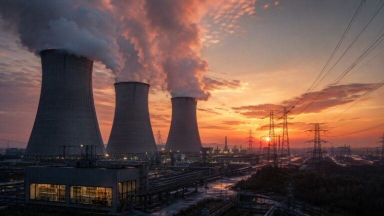 Cooling towers, steam plumes, transmission lines, and a lit control room in a large thermal power plant at dusk.