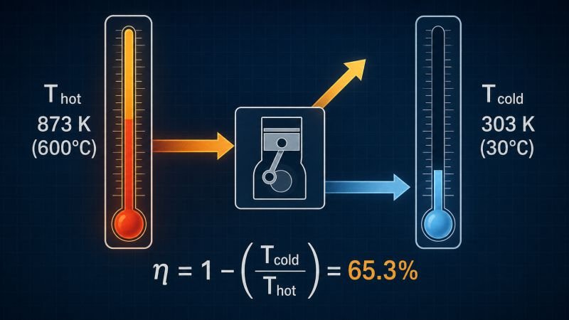 Two thermometers, a simplified heat engine, directional heat and work arrows, and the Carnot efficiency formula illustrating the underlying physical principle in dark technical infographic background.