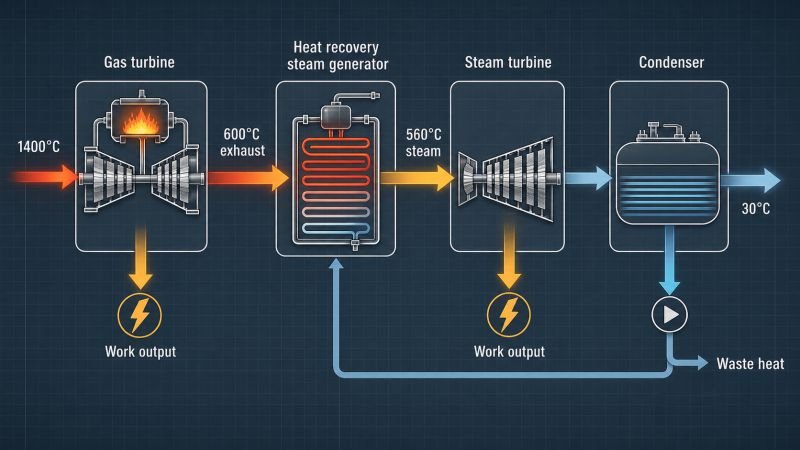 Combined-cycle gas turbine flow diagram with gas turbine, heat recovery steam generator, steam turbine, condenser, and temperature arrows illustrating the underlying physical principle in grey-blue technical schematic background.