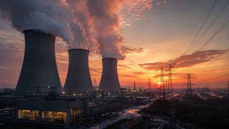 Cooling towers, steam plumes, transmission lines, and a lit control room in a large thermal power plant at dusk.