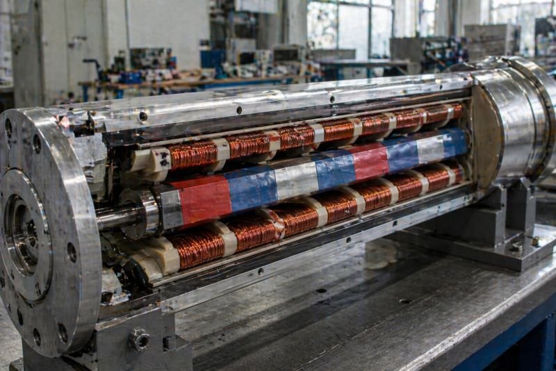 Cutaway view of a linear electromagnetic generator in an industrial lab showing a moving magnet assembly passing through copper coils inside a cylindrical housing