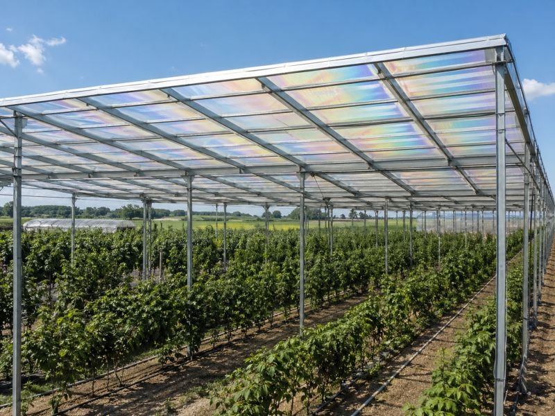 Greenhouse canopy with semi-transparent liquid crystal roof panels above crop rows, showing faint spectral color banding in bright daylight.