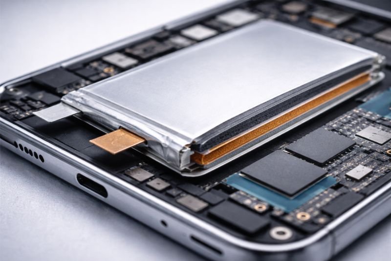 Cross-section of a lithium-ion smartphone pouch cell placed inside a phone chassis with internal layered structure visible