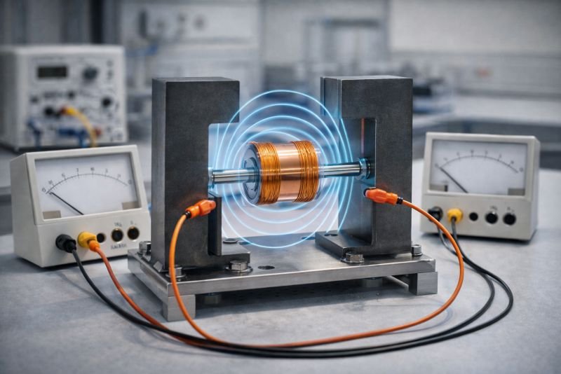 Photorealistic laboratory setup showing a copper wire coil placed between magnetic pole pieces with measurement hardware, illustrating magnetic flux in an electromagnetism experiment.