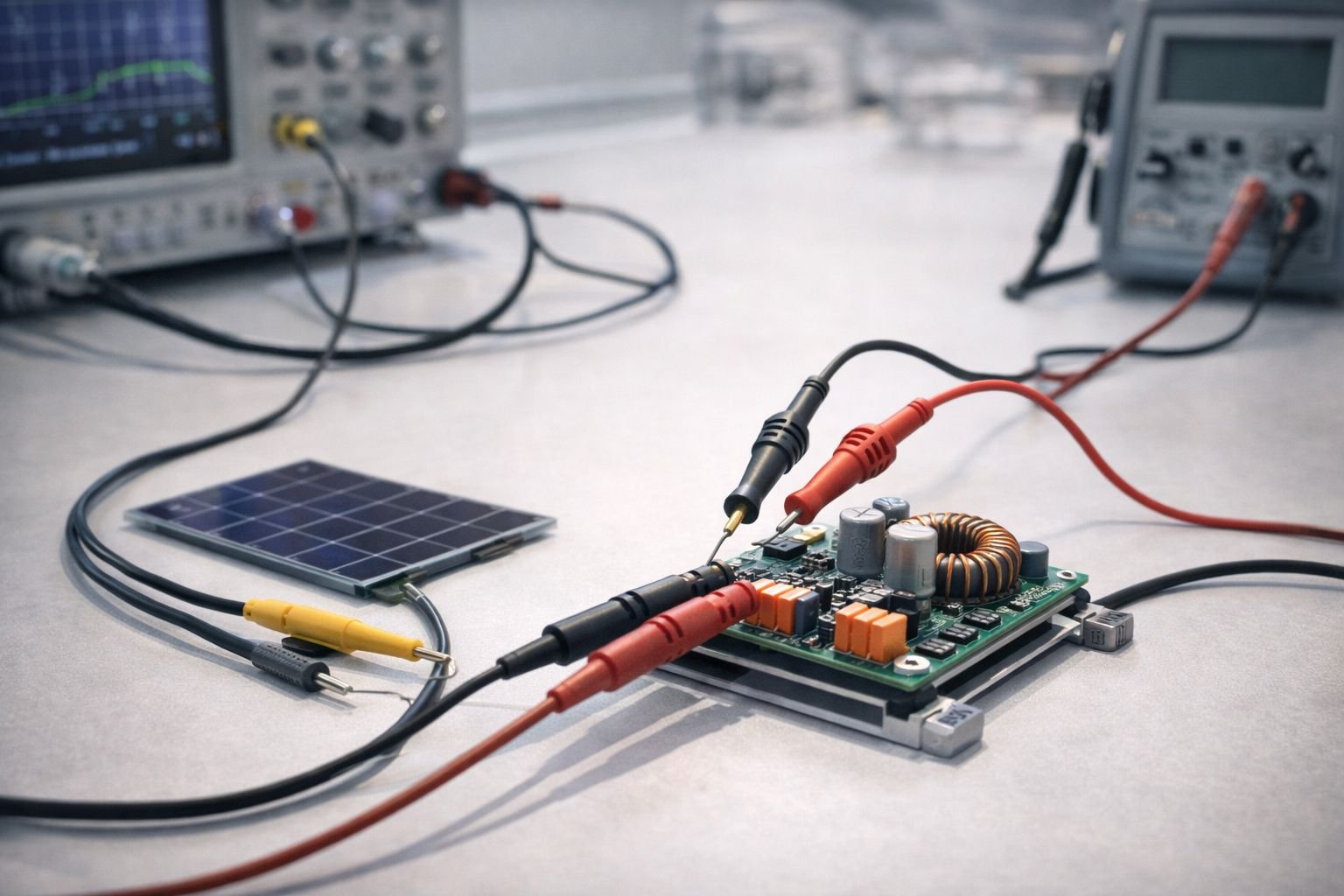 Laboratory bench-top setup for maximum power point tracking with a compact power electronics module, small energy harvester, probes, cables, and measurement equipment.